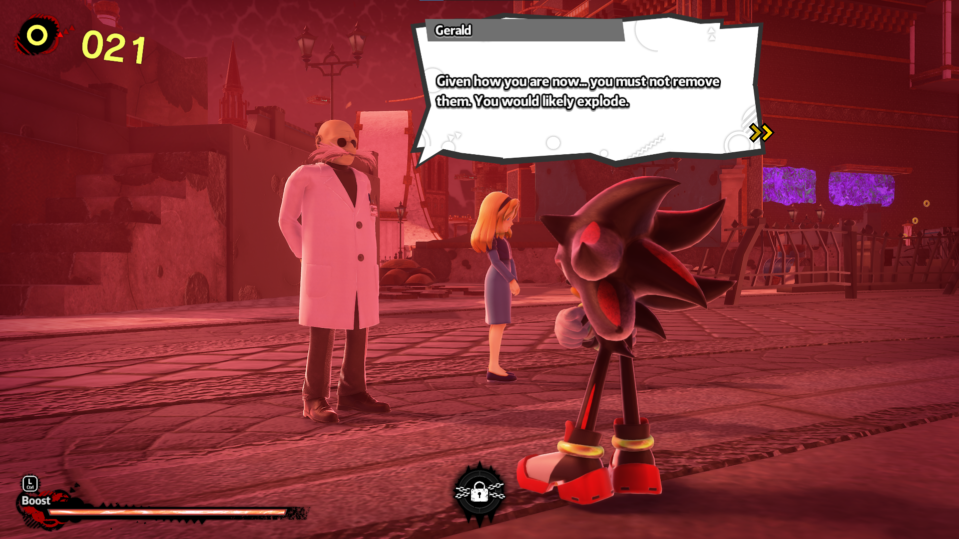 Gerald Robotnik telling Shadow the Hedgehog “Given how you are now... you must not remove them. You would likely explode.”