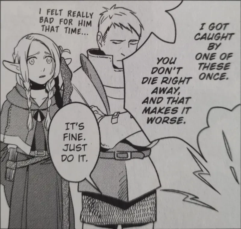 A panel from Dungeon Meshi in English. The “I”s are inconsistently seriffed.