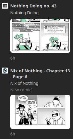 An RSS feed showing updates for the comics Nothing Doing and Nix of Nothing