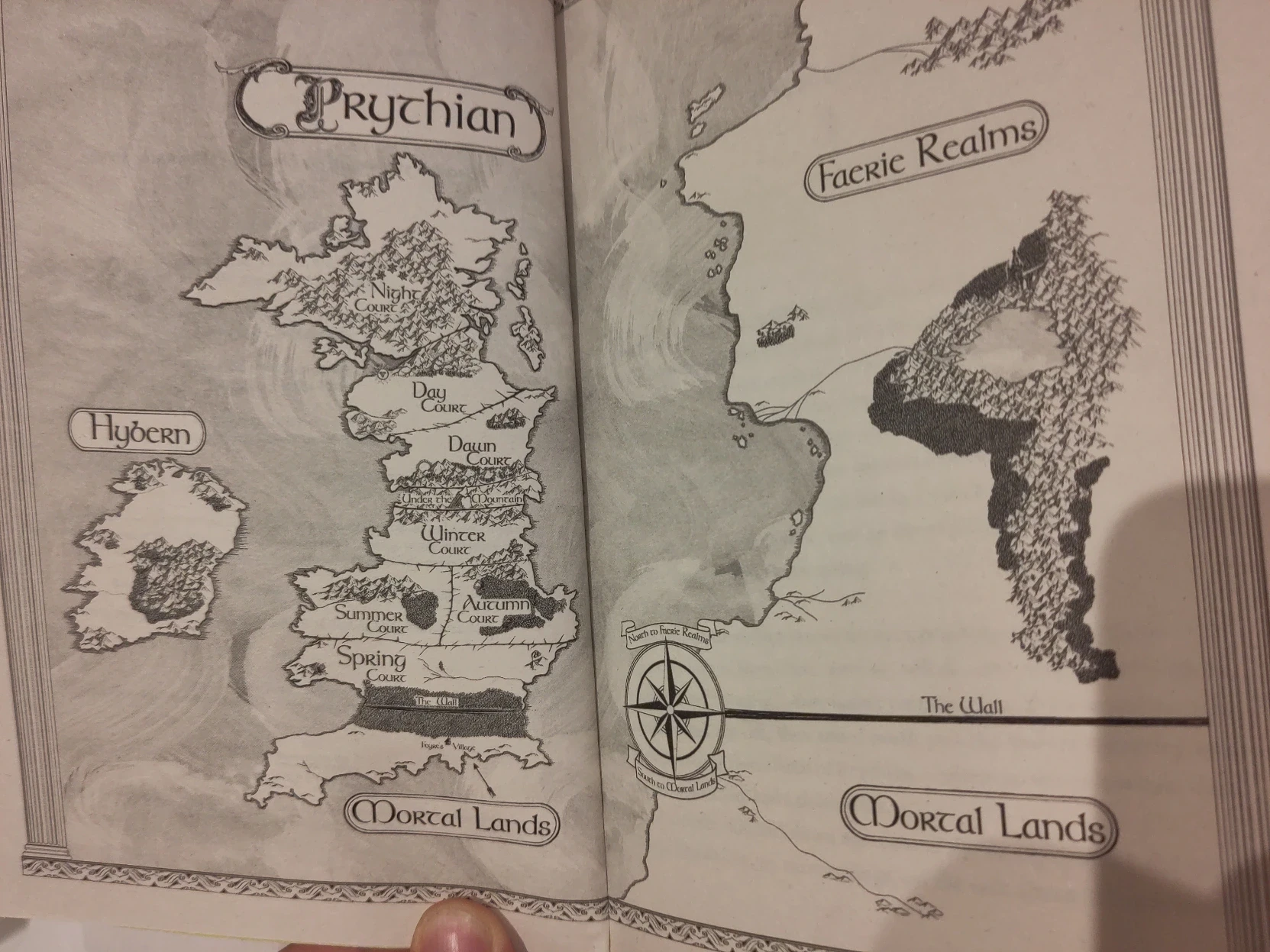 The map from A Court of Thorns and Roses. It’s very obviously just Ireland an Britain. Ireland has one blob of mountains, Britain is divided up into sections by straight lines. They are off the west coast of a continent that is completely undetailed except a giant unlabeled lake surrounded by unlabeled mountains. The world is divided into “Mortal Lands” and “Faerie Realms” by a perfectly straight wall. 