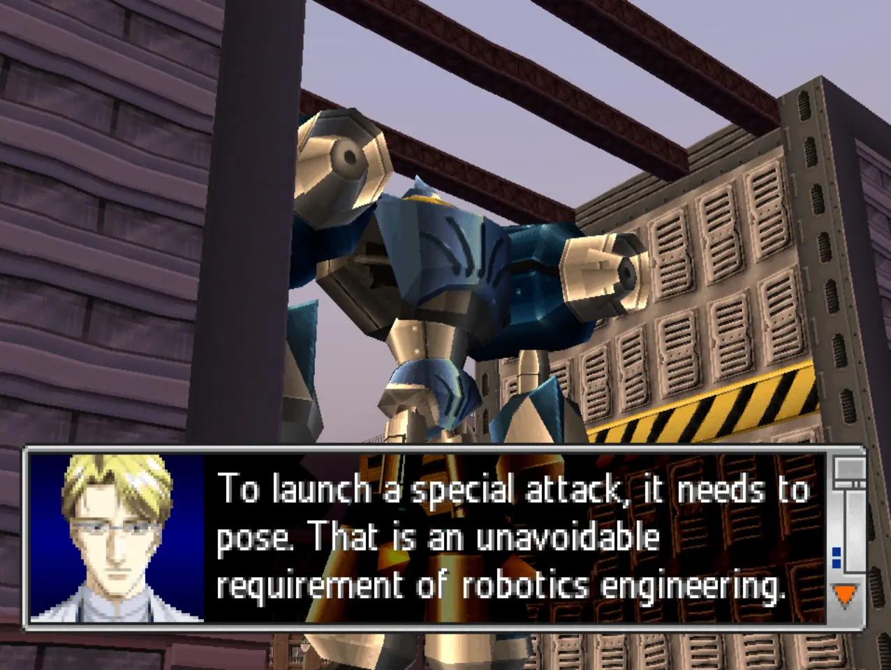 Dialogue from Remote Control Dandy for the PSX: “To launch a special attack, it needs to pose. This is an unavoidable requirement of robotics engineering.”