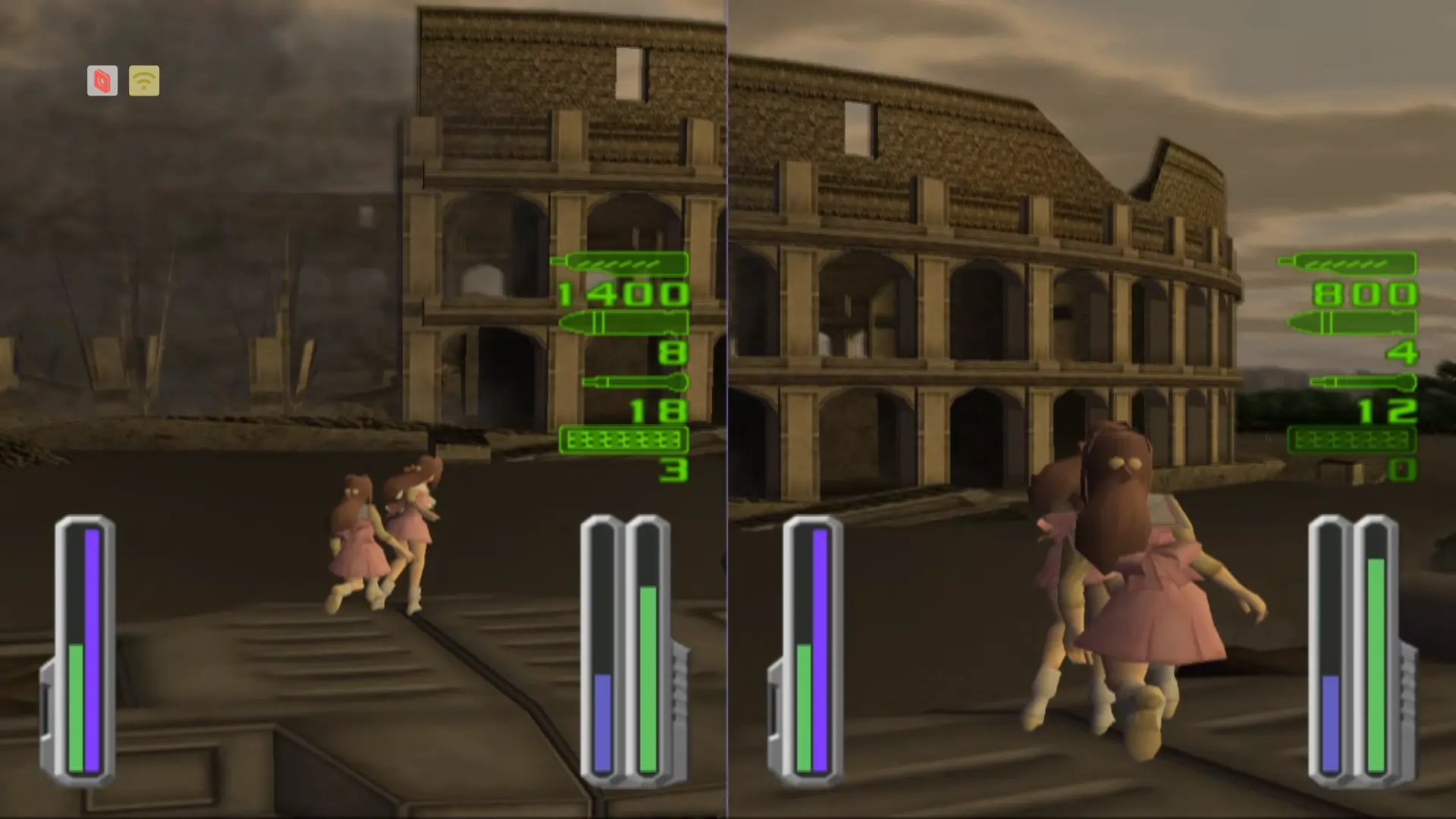 Splitscreen multiplayer of Robot Alchemic Drive with both players as Yui riding Gllang and blowing up the Colosseum together.