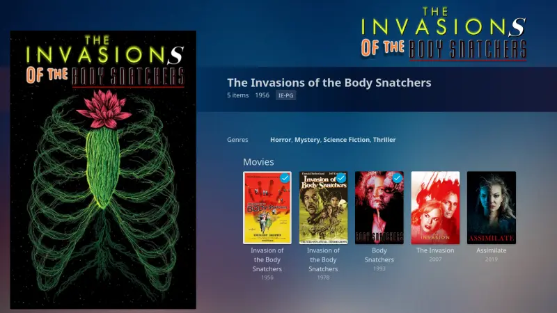 A collection of the  film adaptations of The Body Snatchers collected under a logo reading “The Invasions of the Body Snatchers” that has different words in the styles of the logos of the various movies.