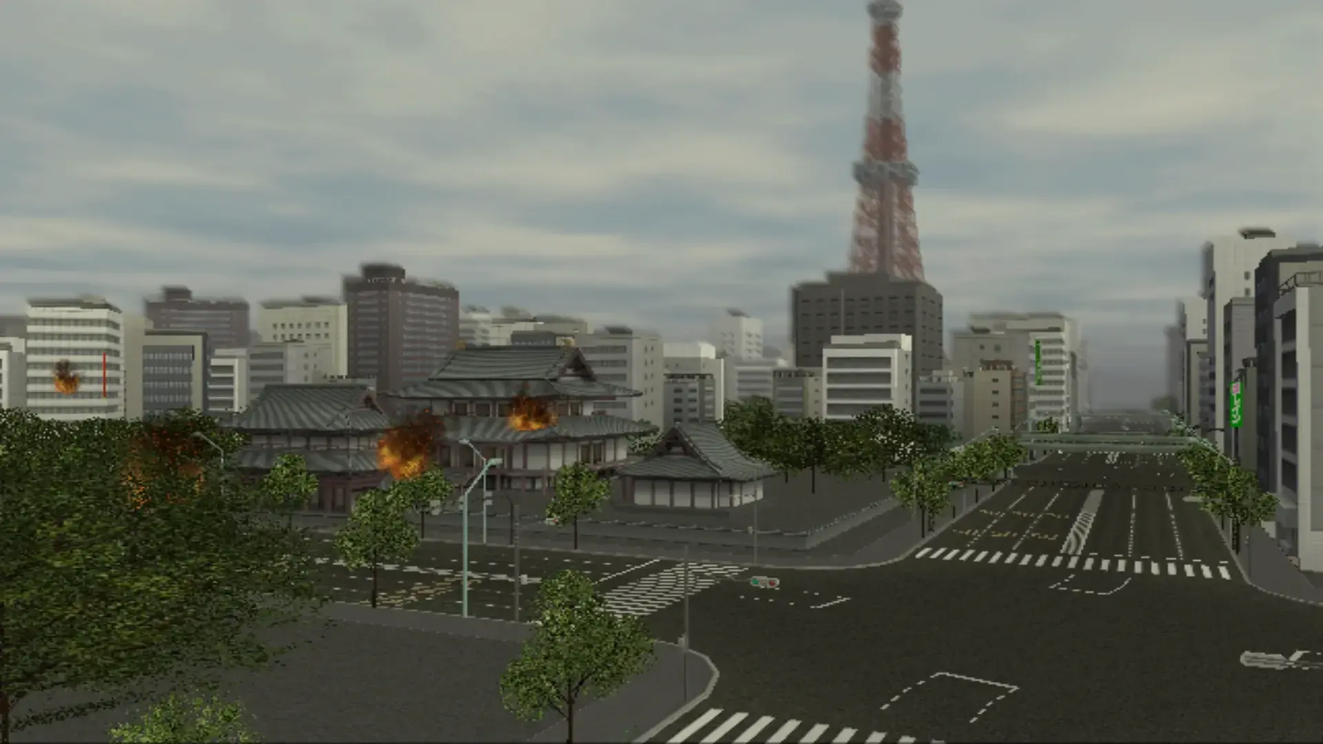 Screenshot of a cutscene from Robot Alchemic Drive, featuring some temple buildings on fire in the middle distance and Tokyo Tower in the background.