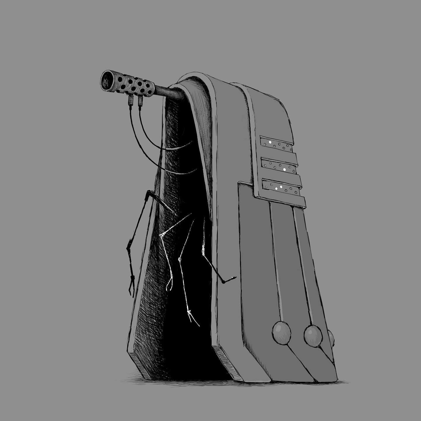 A Dalek redesigned so that its shell is in the shape of a robe draping over a gun barrel with tiny metal claws reaching out from the darkness underneath.