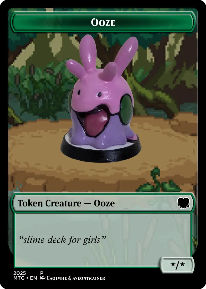 An ooze token Magic: The Gathering card with a photo of the goomy figurine from above on a pixelart background.