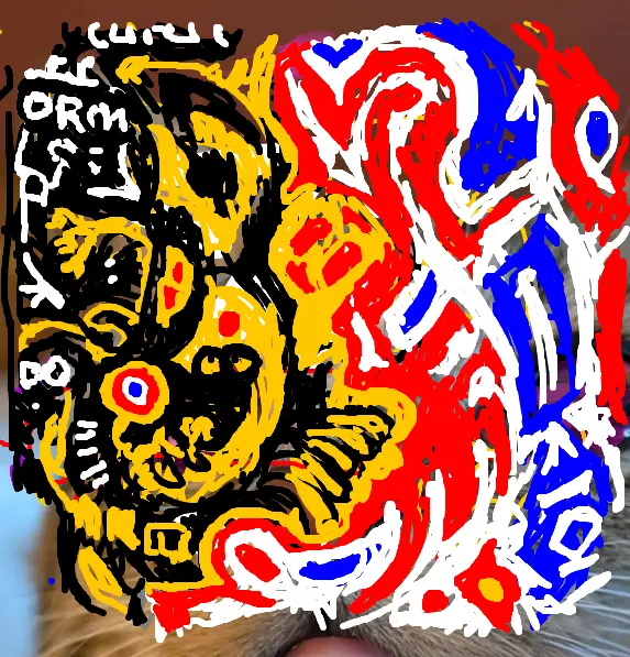 Abstract artwork in orange, black, white, red and blue currently on the website homepage.