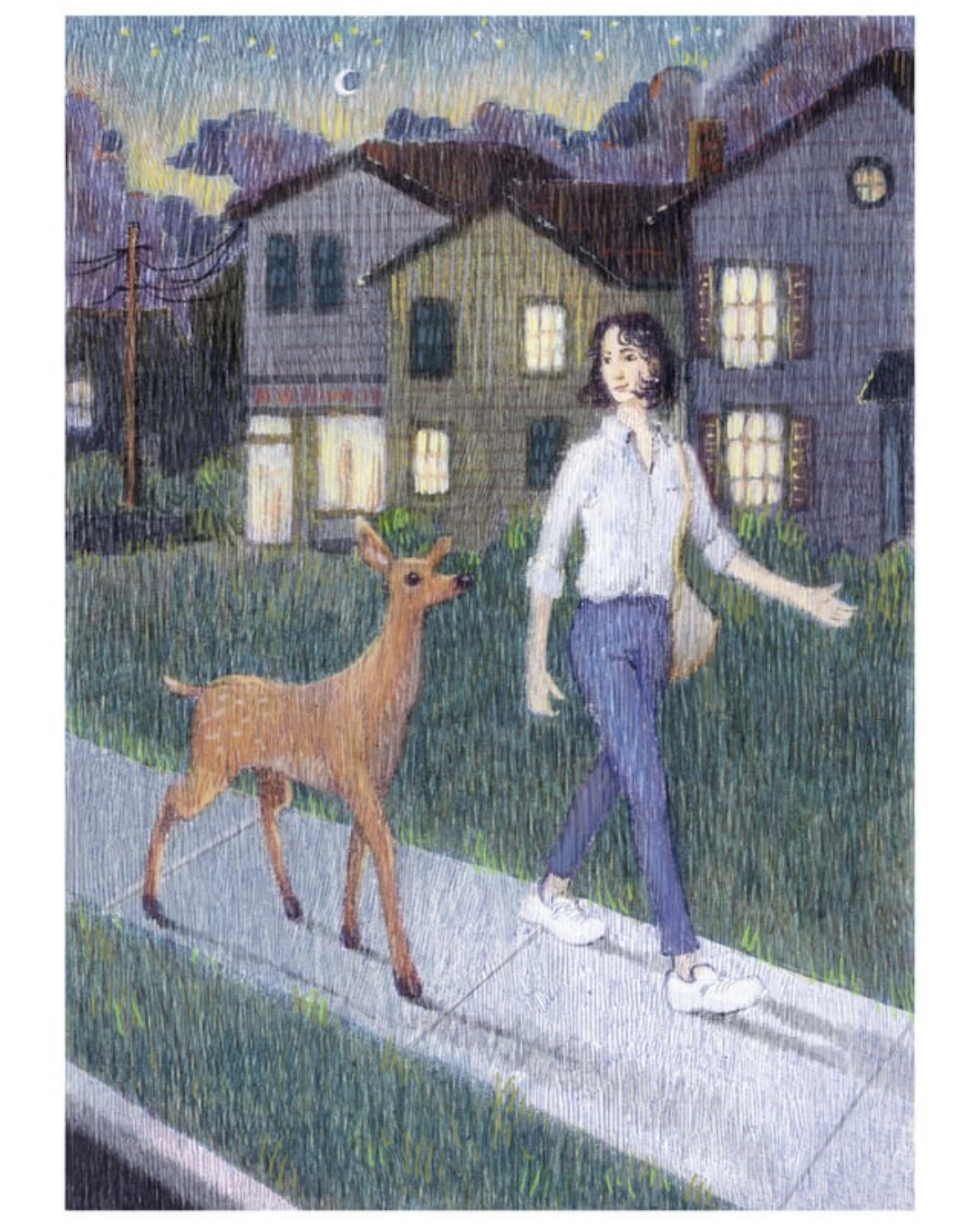 The woman and the deer walk to a friend’s house.