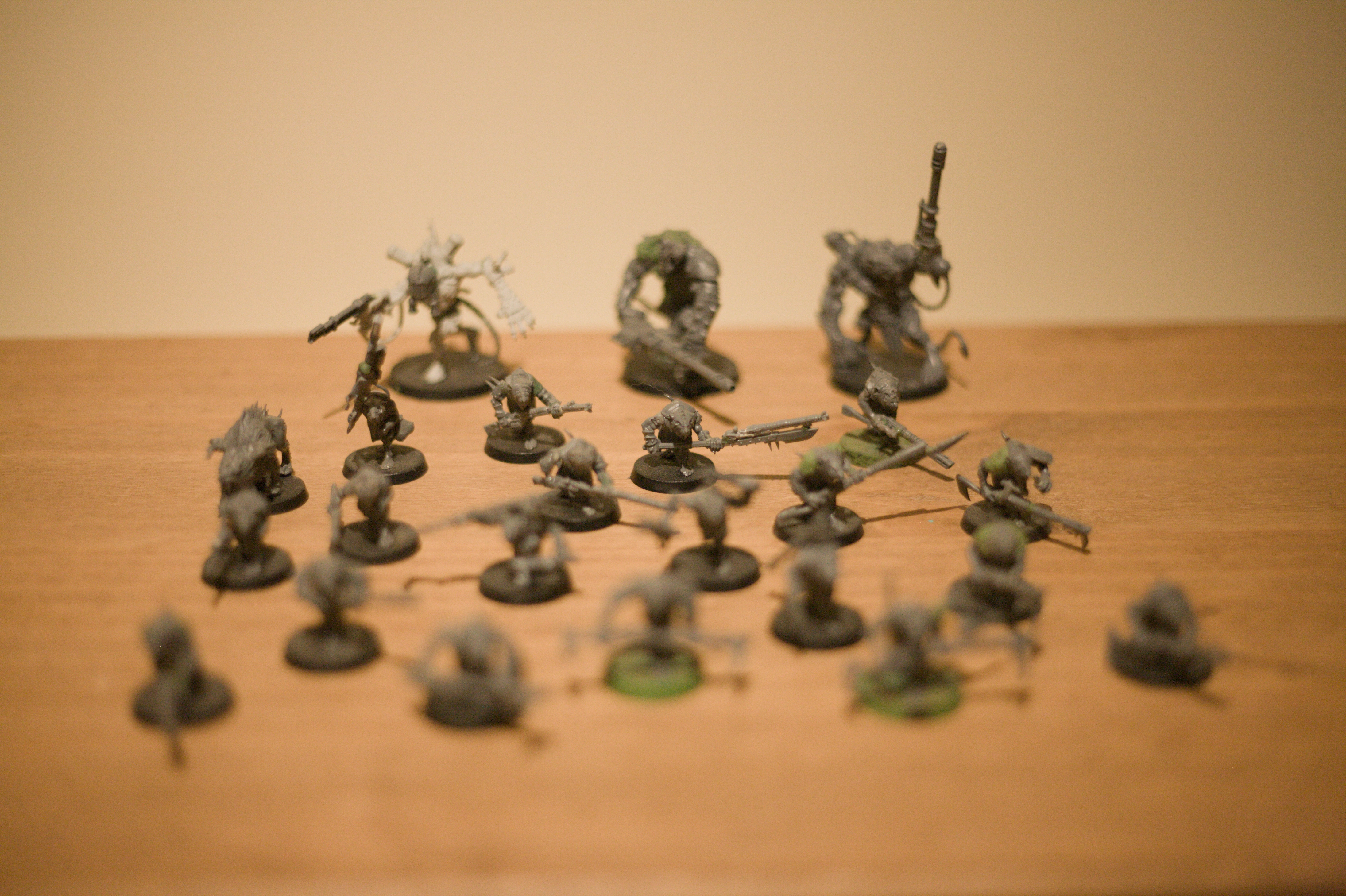 The back row of the human-sized rat men are is in focus now. With them is a single wolf-like beast.