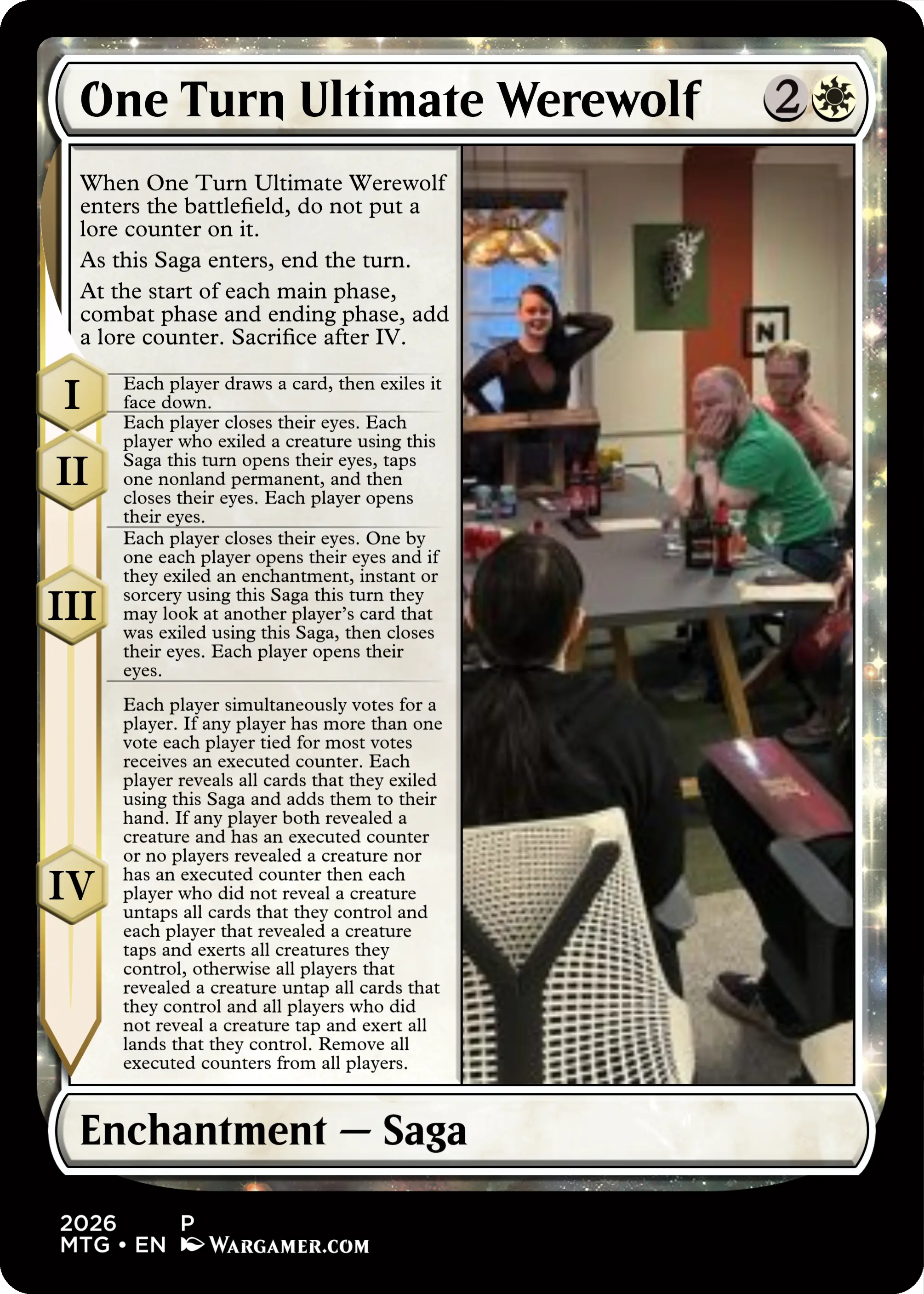 A joke Magic: The Gathering card with far too much text that implements the boardgame One Night Ultimate Werewolf as a saga.