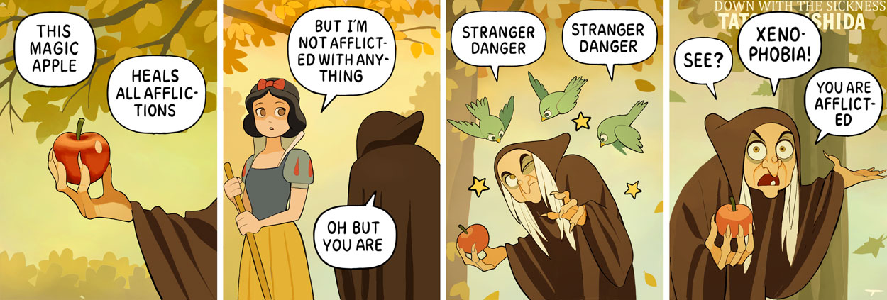 The wicked witch tempts Snow White with an apple by saying she’s racist if she doesn’t eat it.