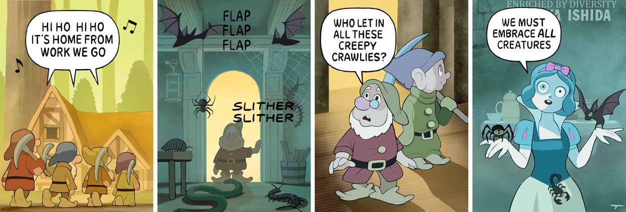 Snow White now a Johnbie with the cottage filled with insects, bats and snakes, declares that we must love all creatures.