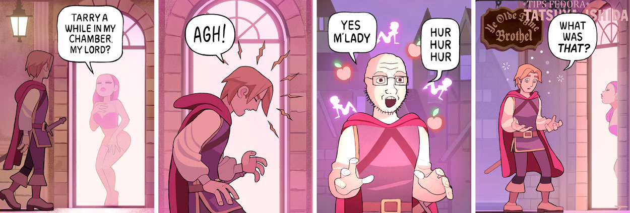 The prince immediately starts turning into a soyjak on being tempted by a prostitute.
