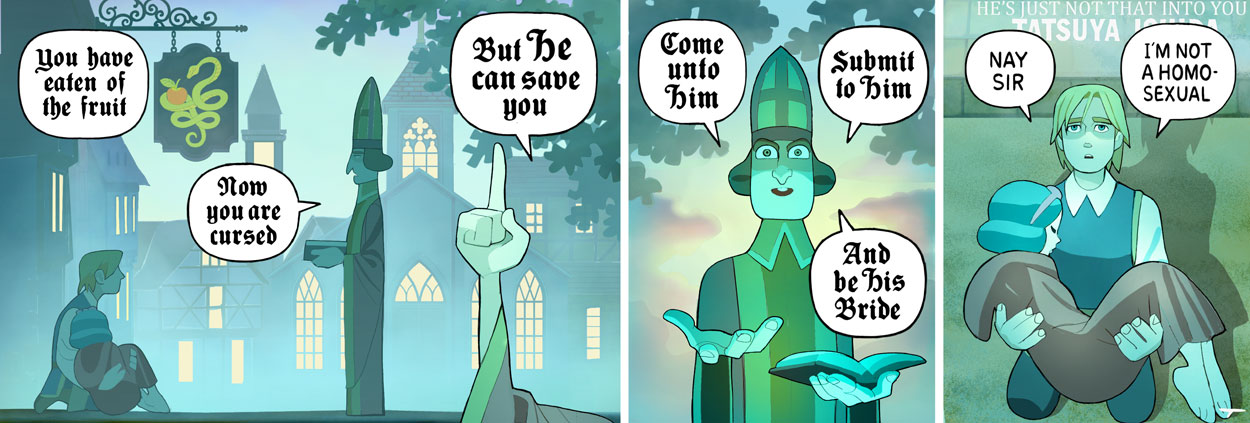 A priest offers to save the prince from temptation if the prince submits to God. The prince says that that’s gay.