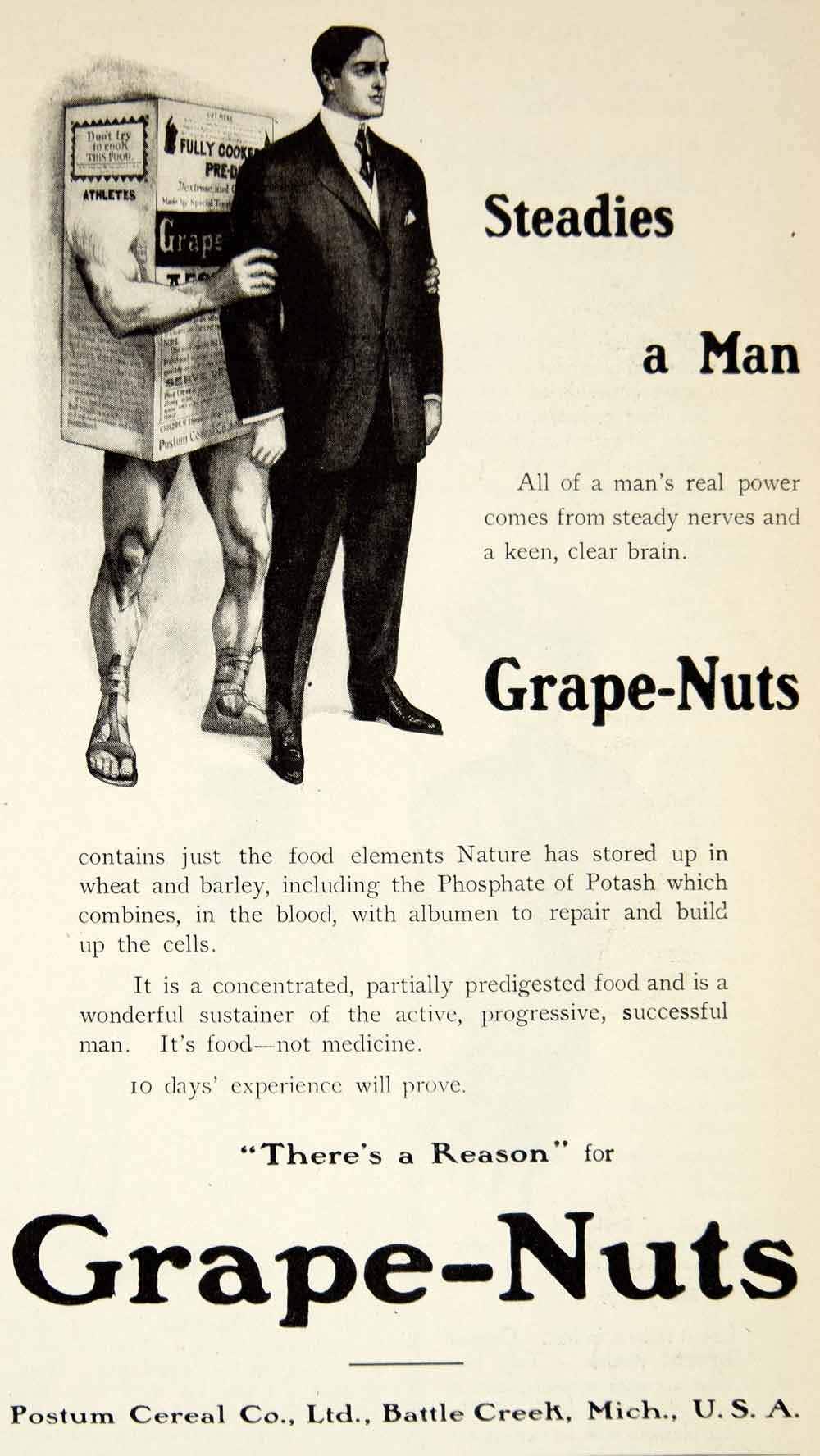 An old ad for Grape-Nuts featuring a box of Grape-Nuts with beefy arms and legs holding a man in a suit from behind, next to the text, "Steadies a Man."