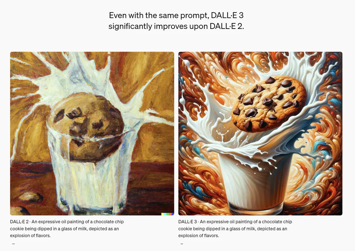 Two machine-generated images for the prompt “An expressive oil painting of a chocolate chip cookie being dipped in a glass of milk, depicted as an explosion of flavors”.