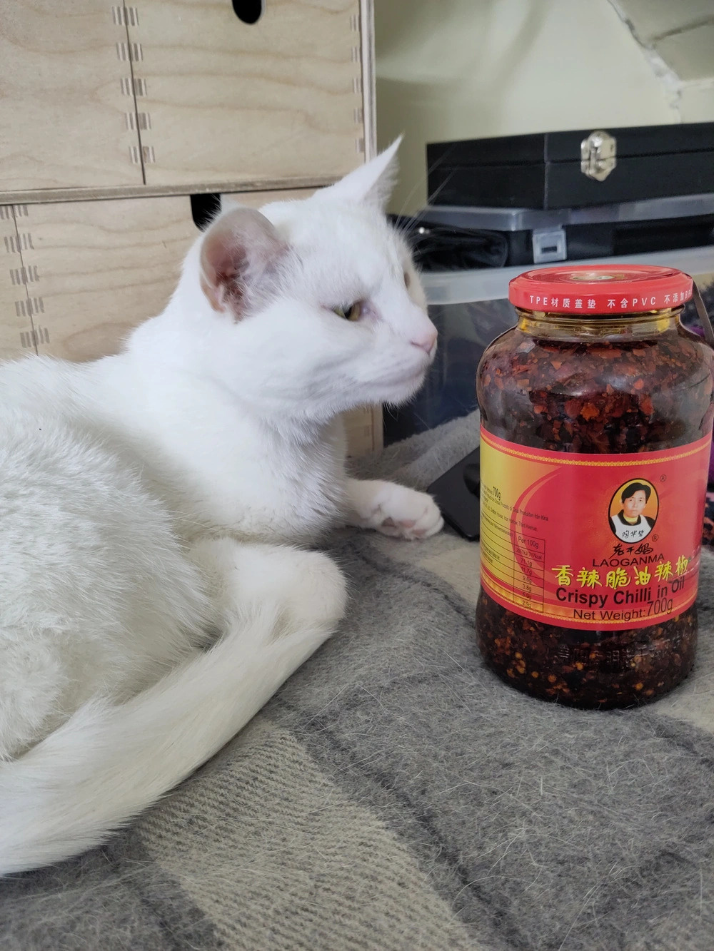 Easóg examining a jar of Lao Gan Ma.