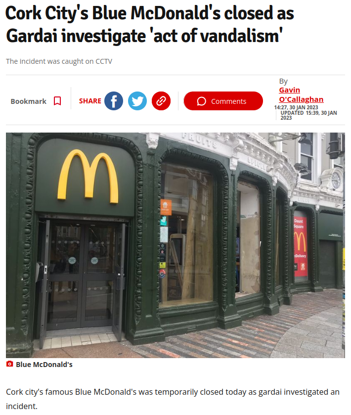 A local news article about vandalism at the “Blue McDonald’s” with a photo of the restaurant that is clearly green.