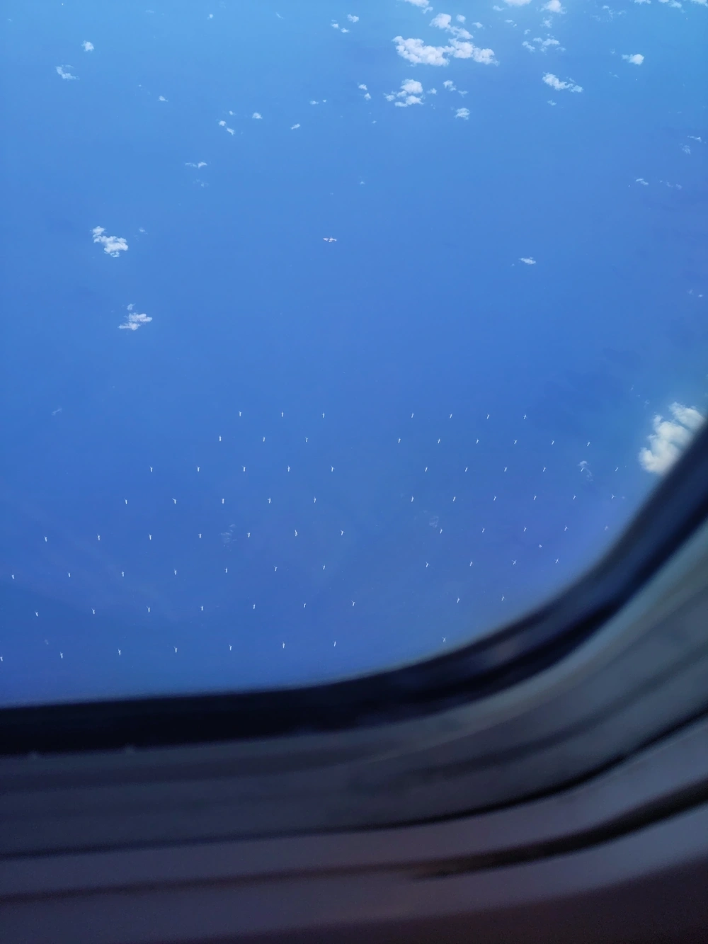 White specks dot the sea in a regular pattern seWen out the window of a plane.