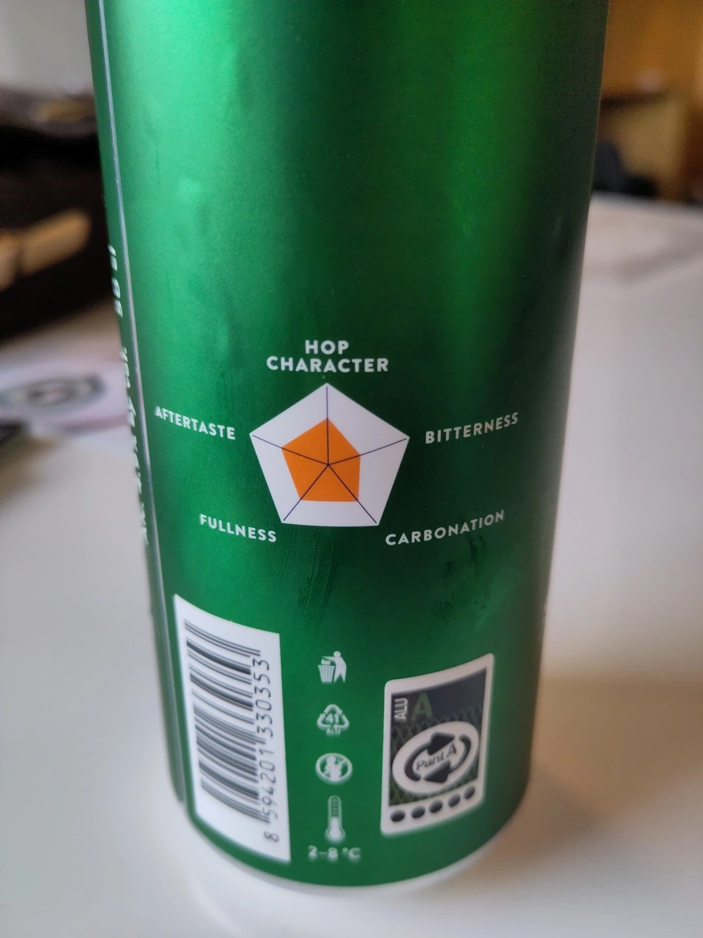 The back of the can with a radar chart rating the beer on “hop character”, “bitterness”, “carbonation”, “fullness” and “aftertaste”.