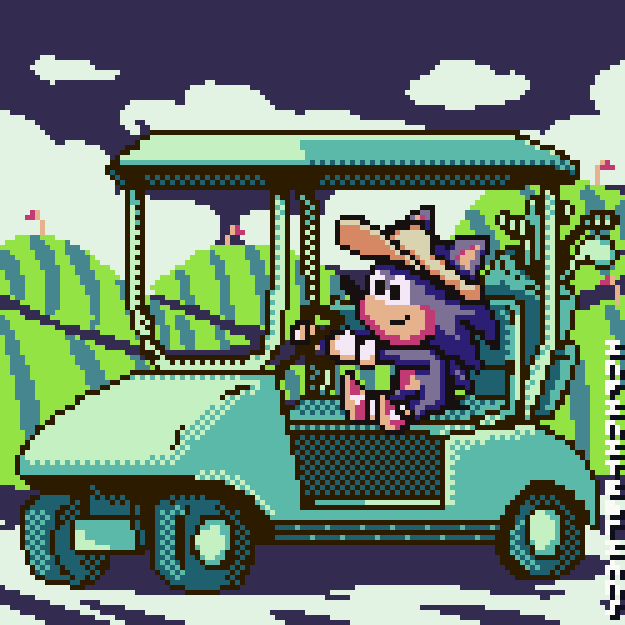 Pixel art of Sonic driving a golf cart.